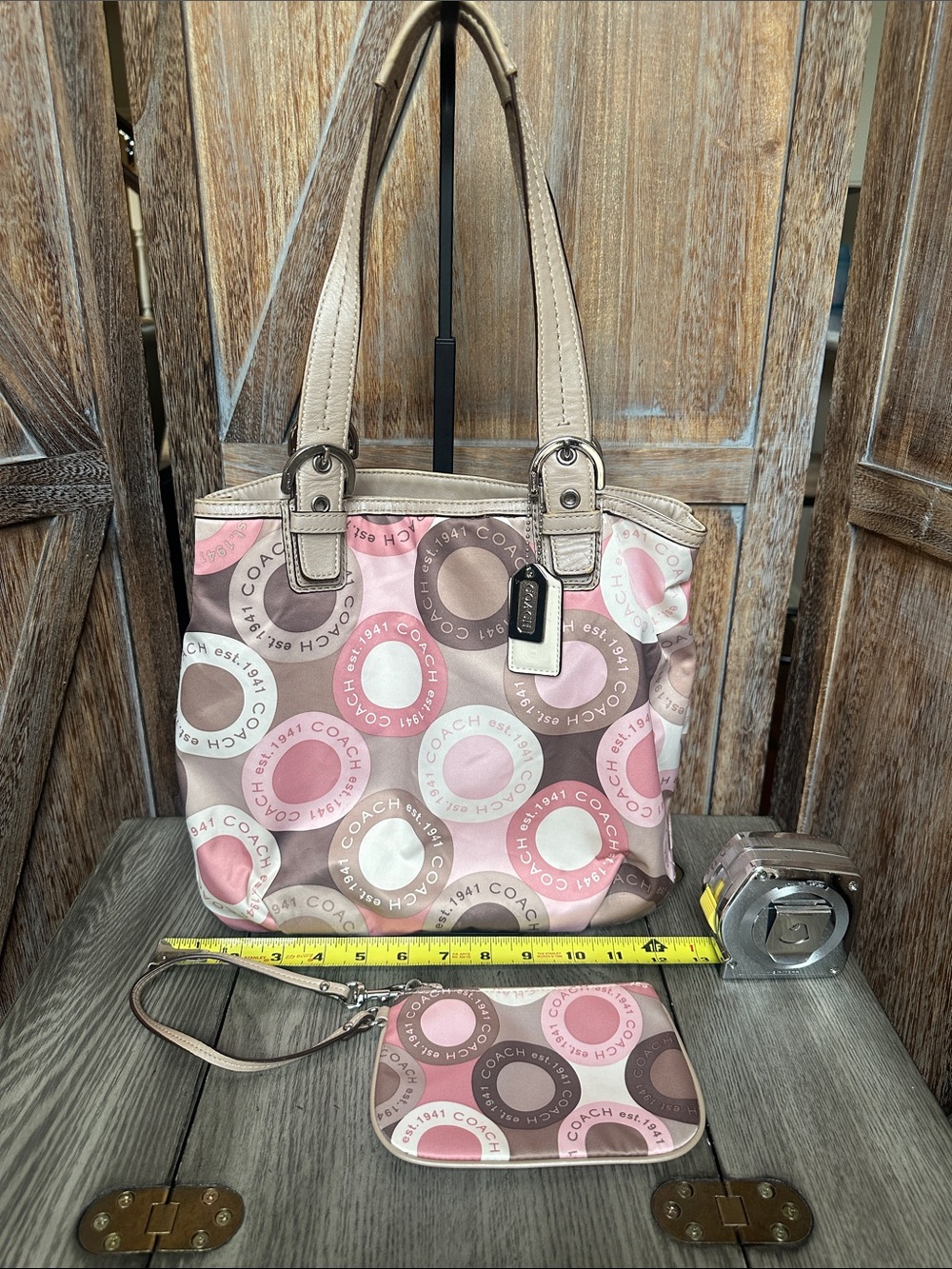 Coach Vintage Soho Snaphead Pink & Taupe Shoulder Tote Matching Wristlet RARE - Picture 14 of 16